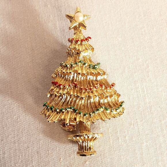 Christmas Tree Brooch Gold Tone Pines Red And Green Painted Lights - Picture 1 of 7